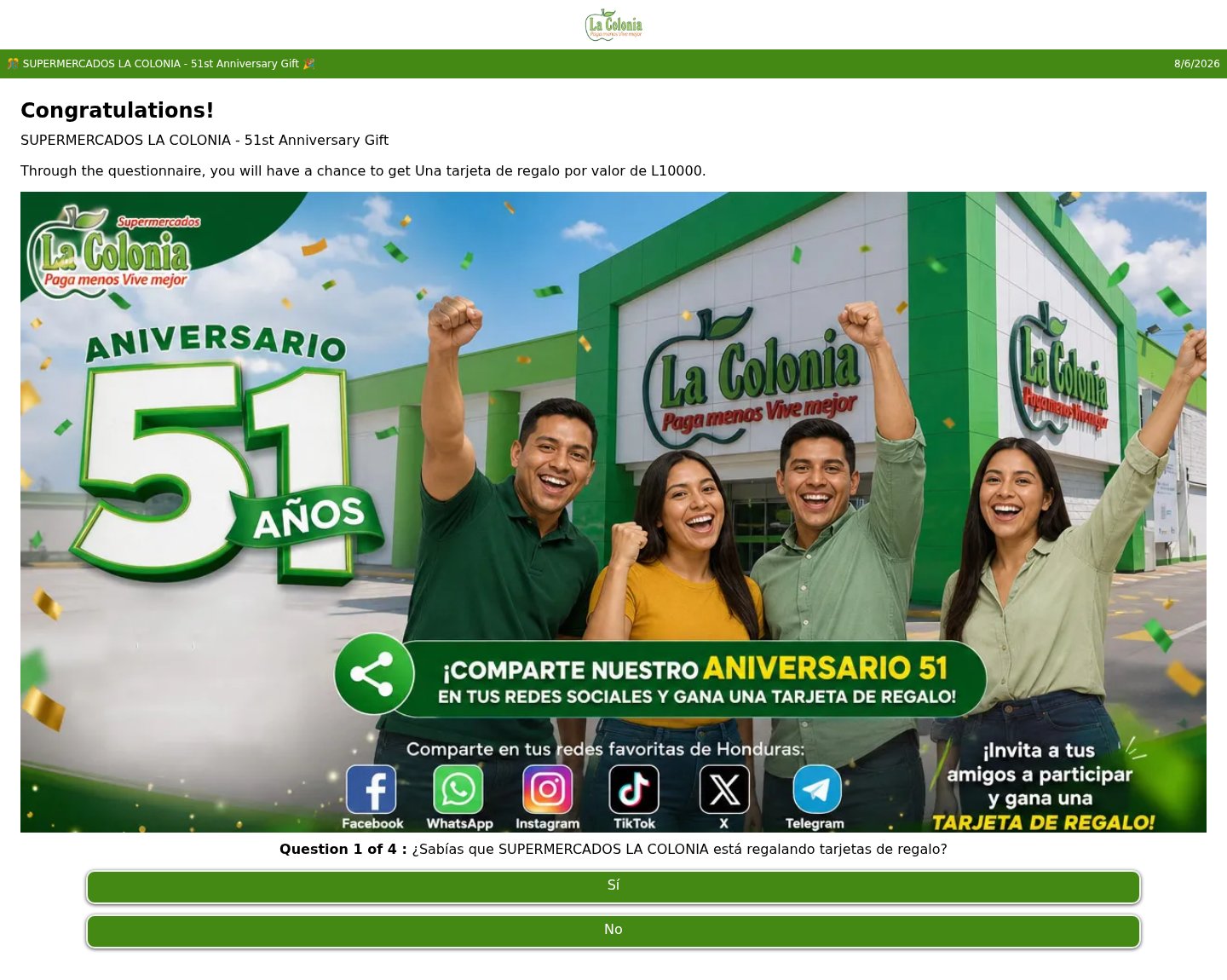 Fake La Colonia 51st anniversary gift card quiz that asks you to share it on social media