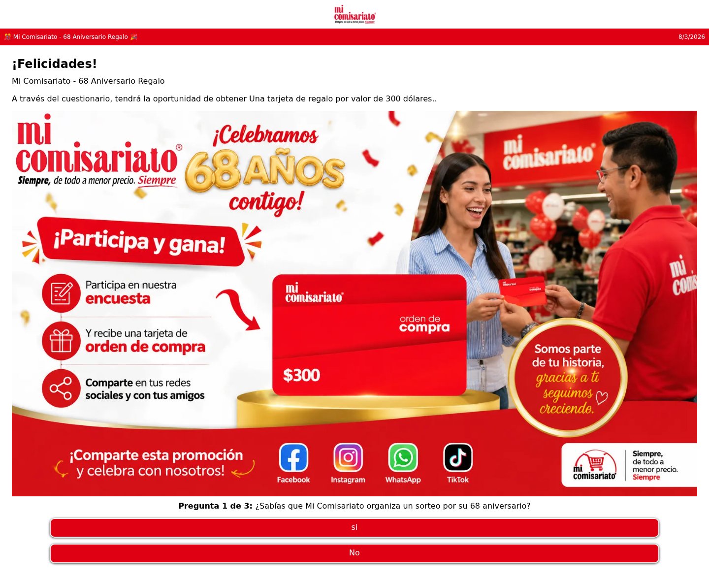 Fake Mi Comisariato 68th anniversary gift card quiz that asks you to share the promotion