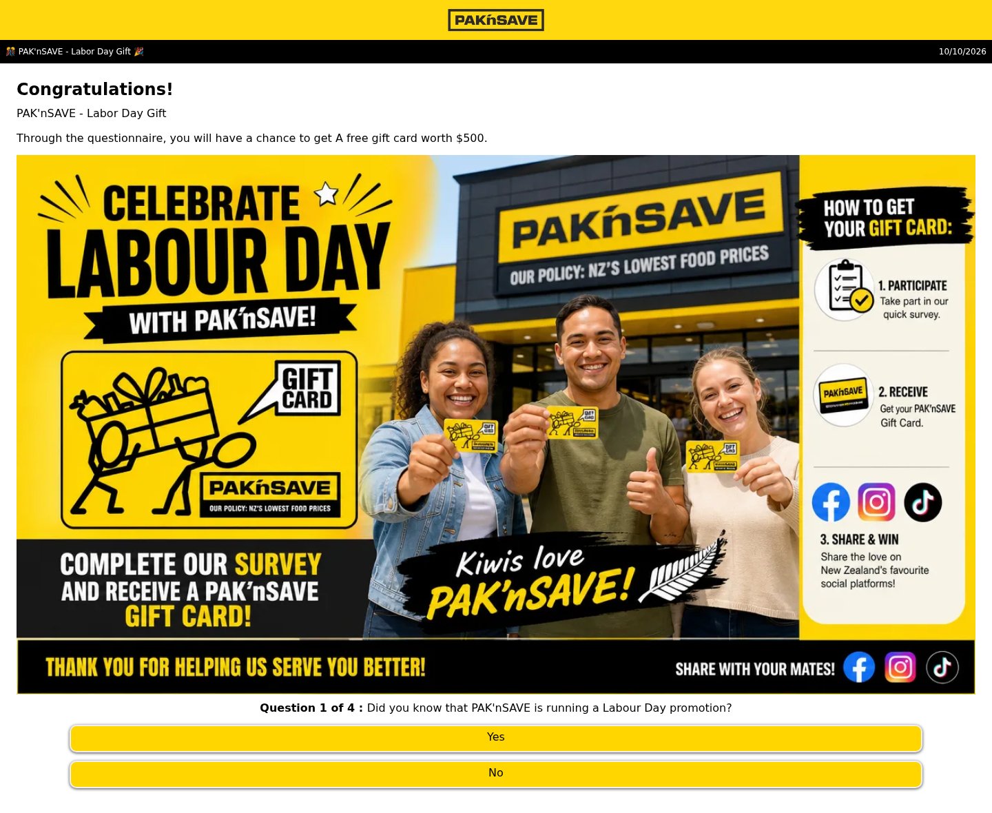Fake PAK'nSAVE Labour Day gift card quiz that asks you to share it with your mates