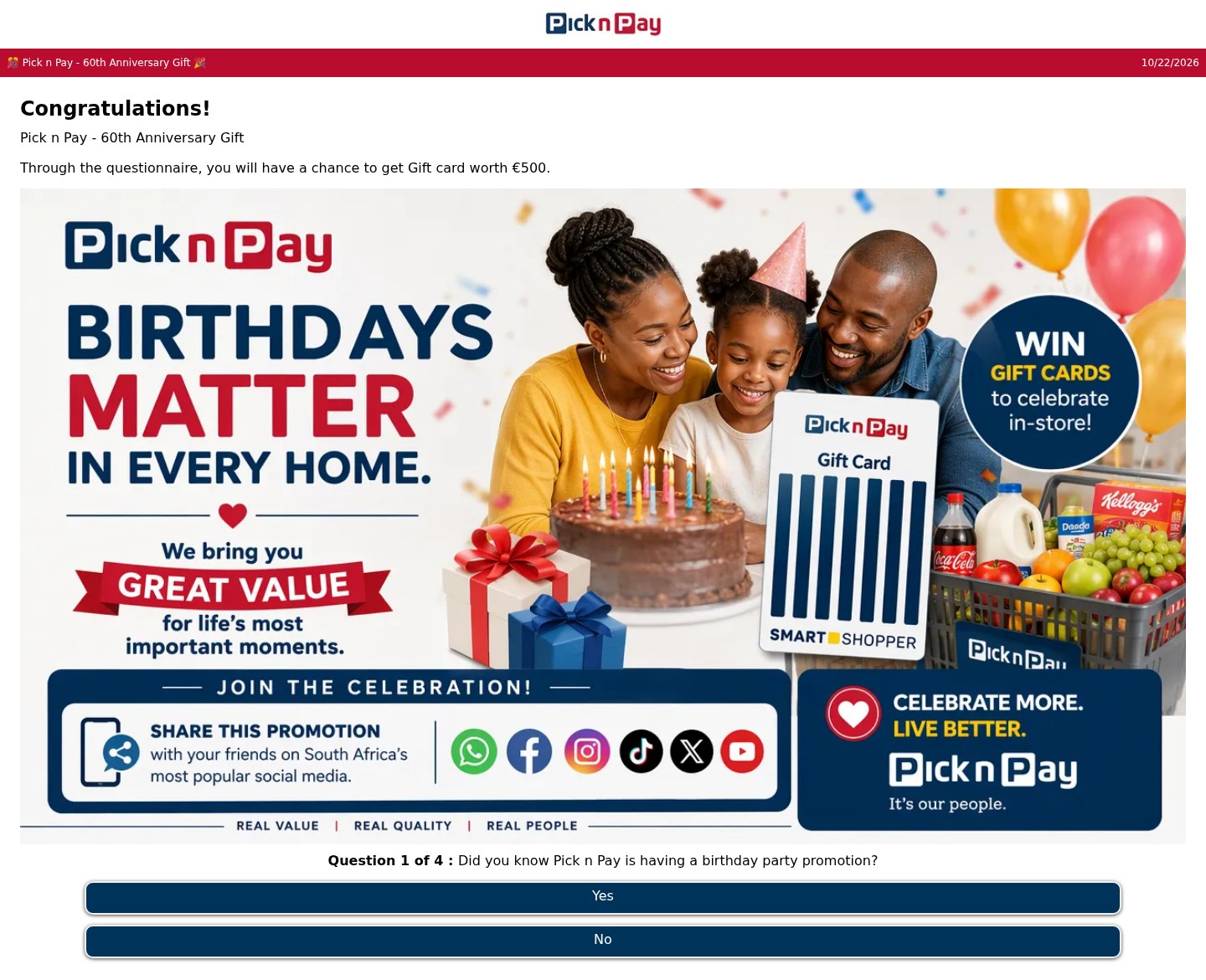 Fake Pick n Pay 60th anniversary gift card quiz that asks you to share it on social media