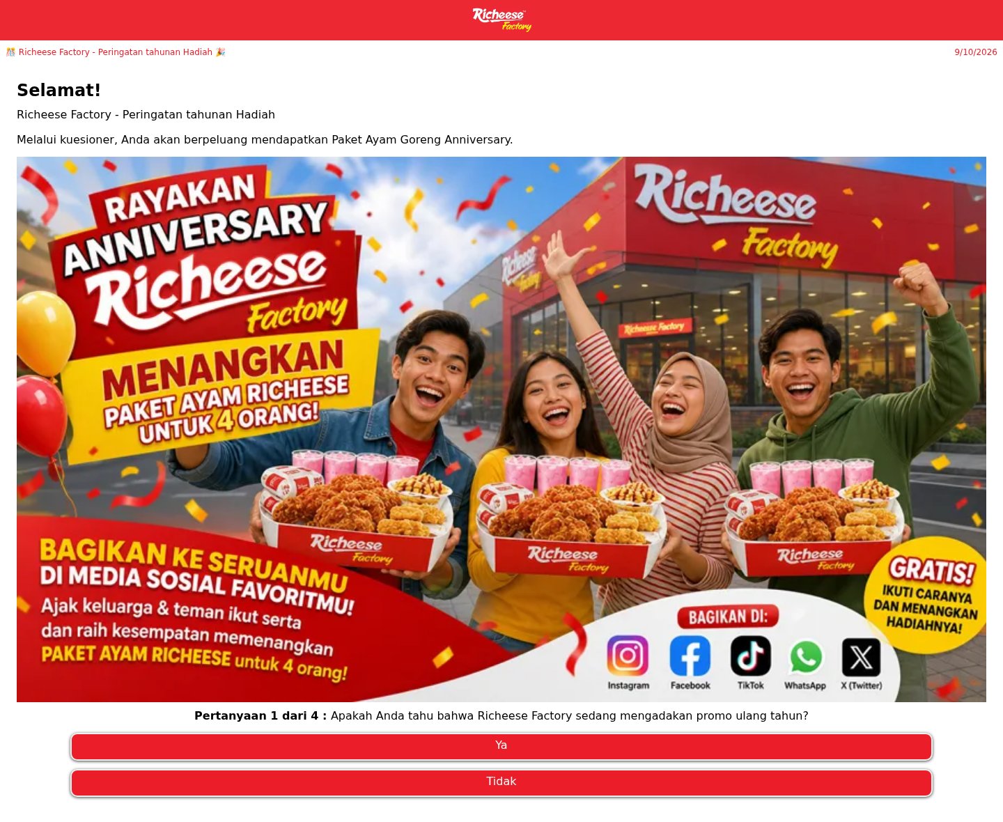 Fake Richeese Factory anniversary chicken meal quiz that asks you to share it on social media