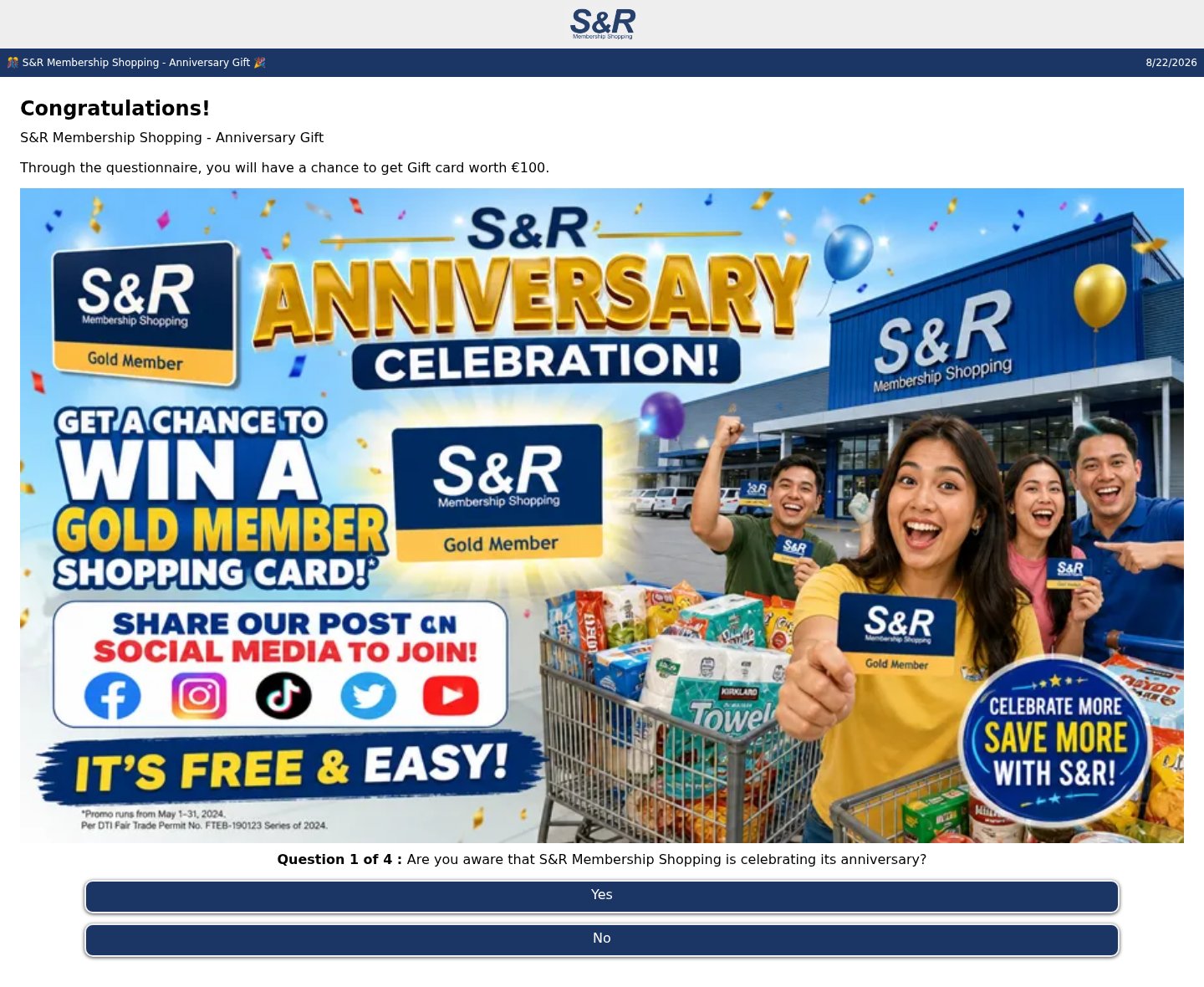 Fake S&R Membership Shopping anniversary gift card quiz that asks you to share the post