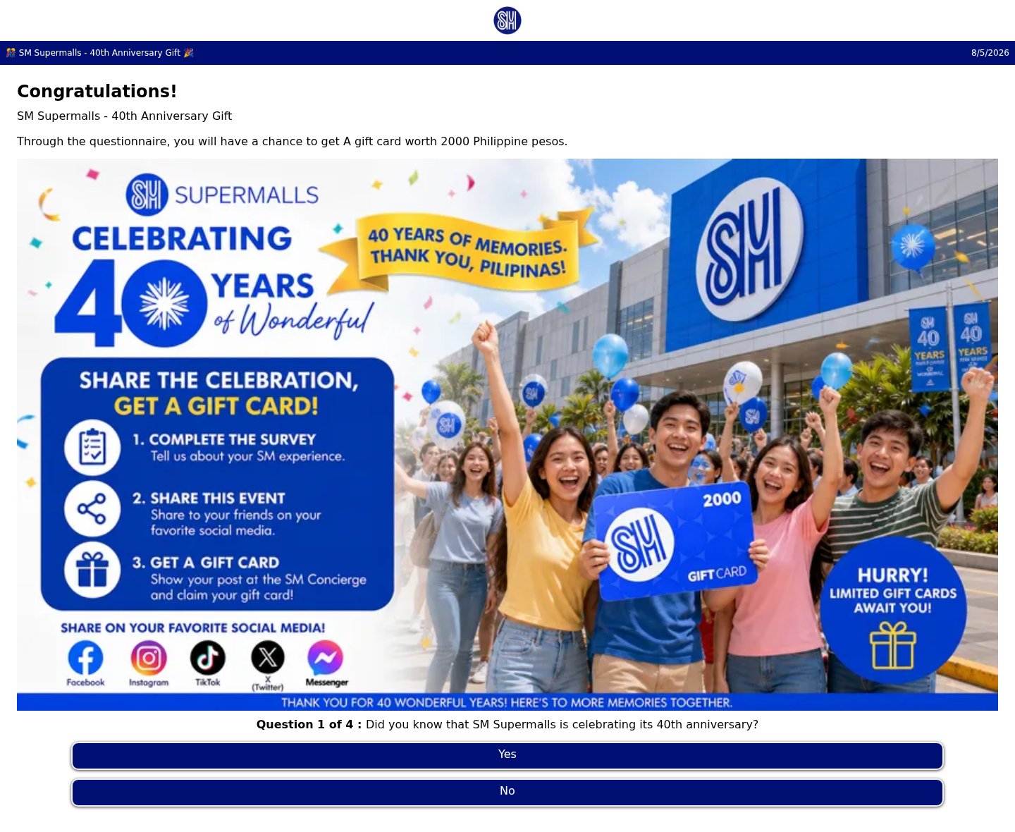 Fake SM Supermalls 40th anniversary gift card quiz that asks you to share the event
