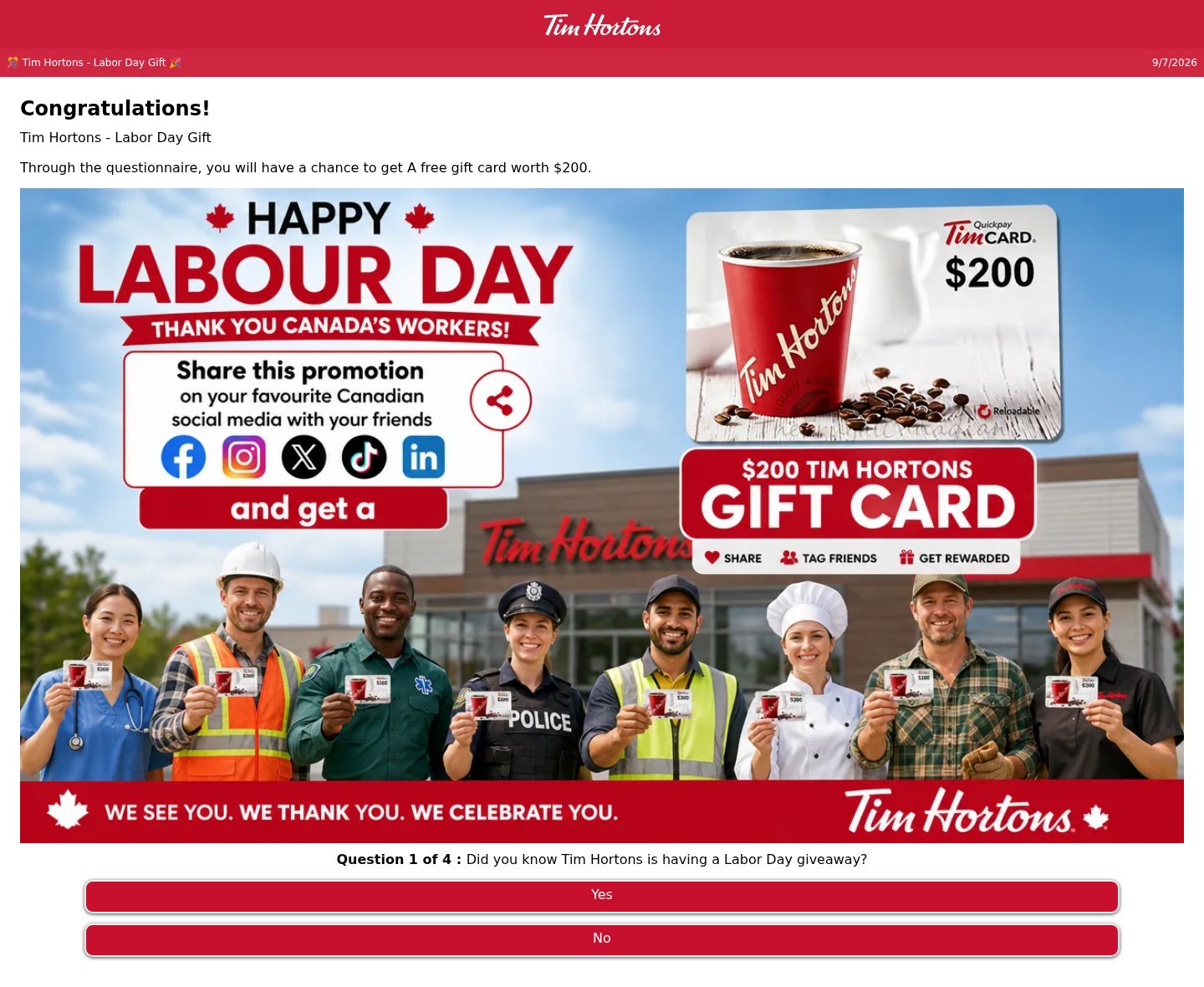 Fake Tim Hortons $200 gift card quiz that asks you to share it on social media