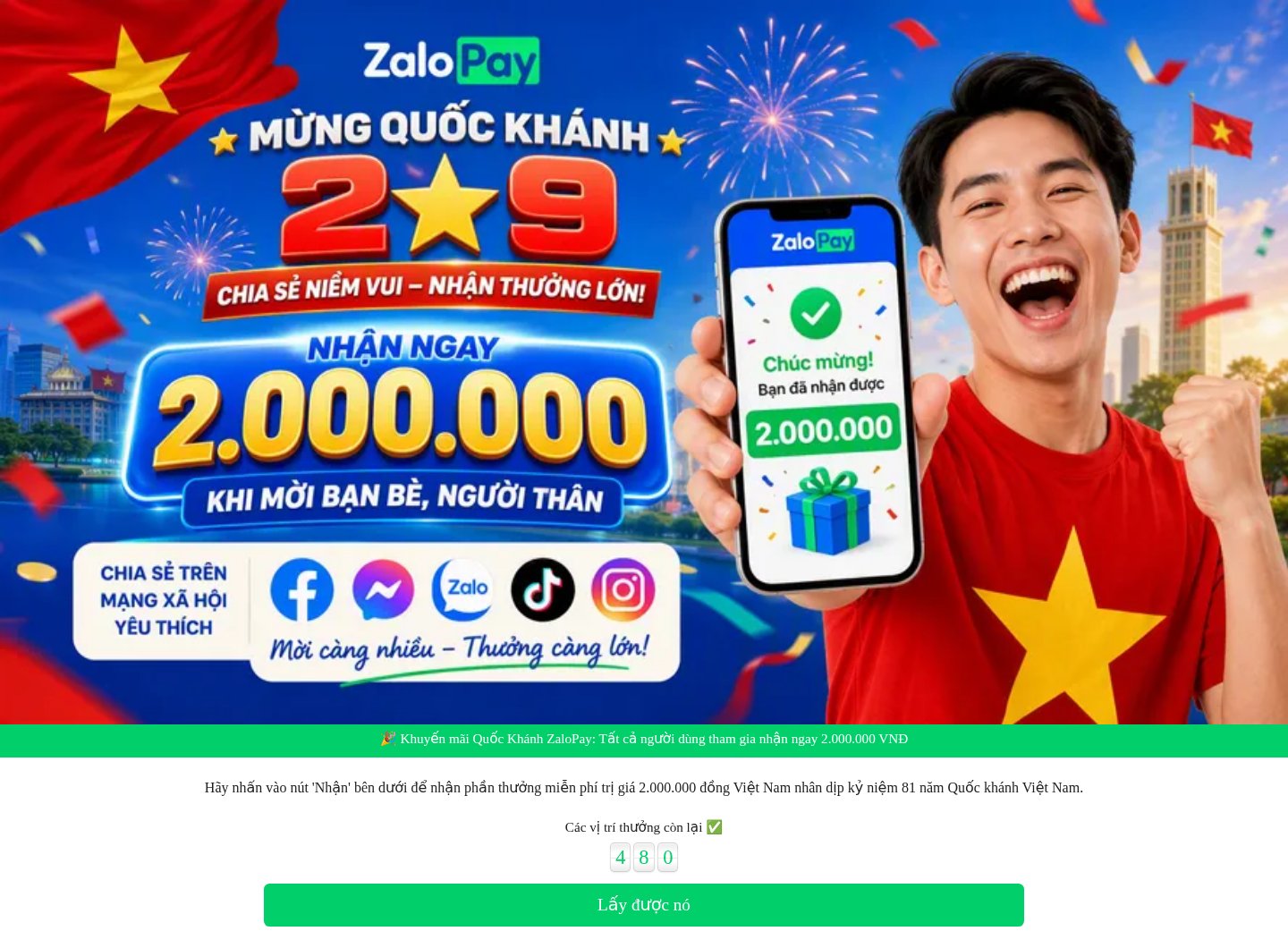 Fake ZaloPay National Day 2 million dong reward that asks you to share it with friends