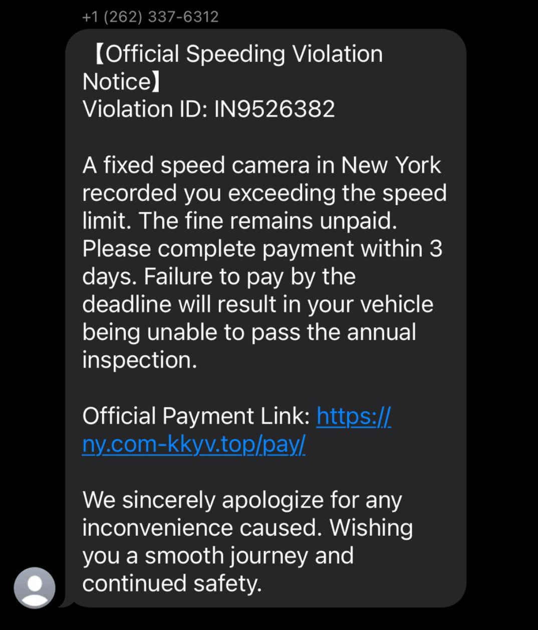 Speeding Ticket Payment Text Scam example
