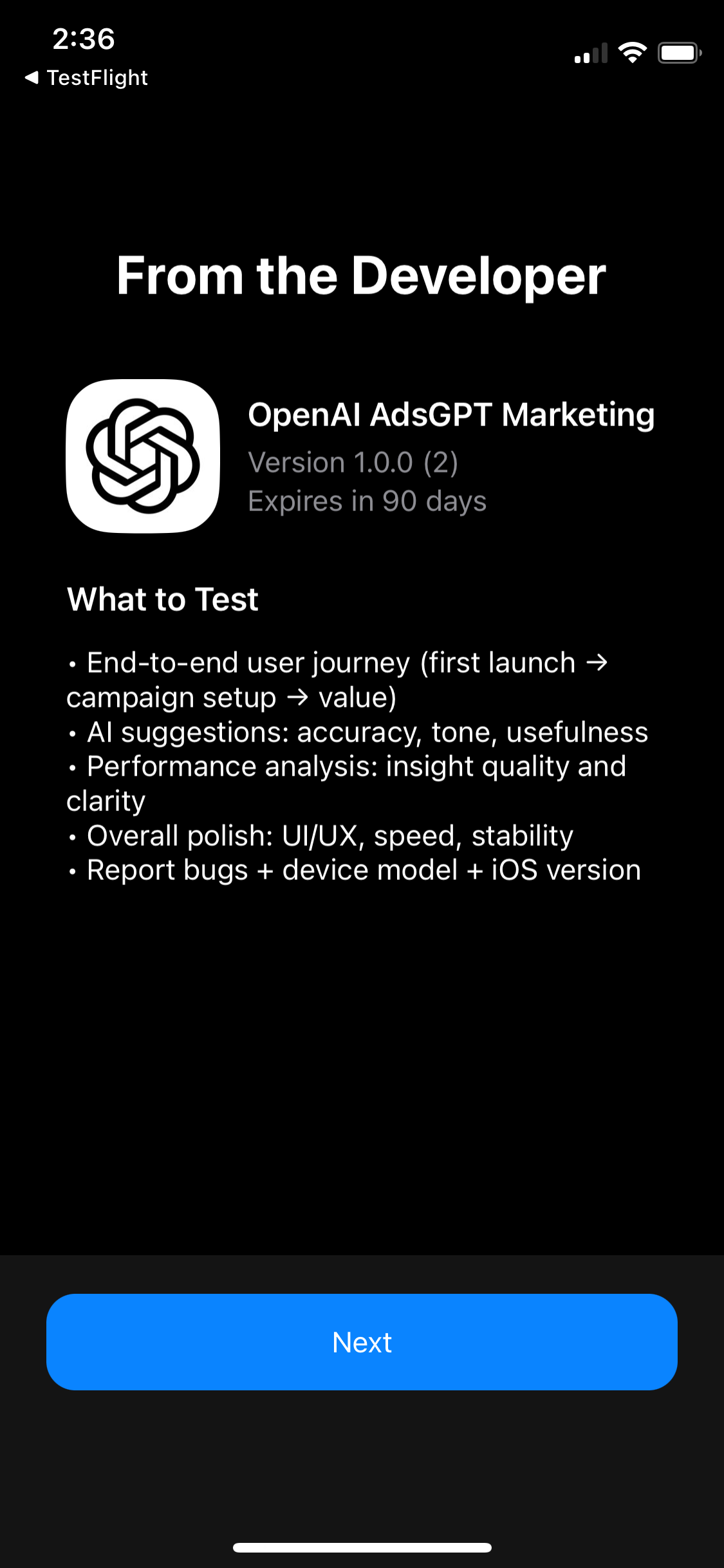 TestFlight Invite for OpenAI AdsGPT Marketing Offering Free Ad Credits | Screenshot 4