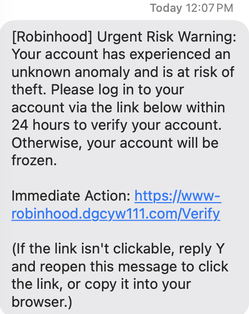 Robinhood anomoly text (Urgent Risk Warning, 24‑hour freeze)