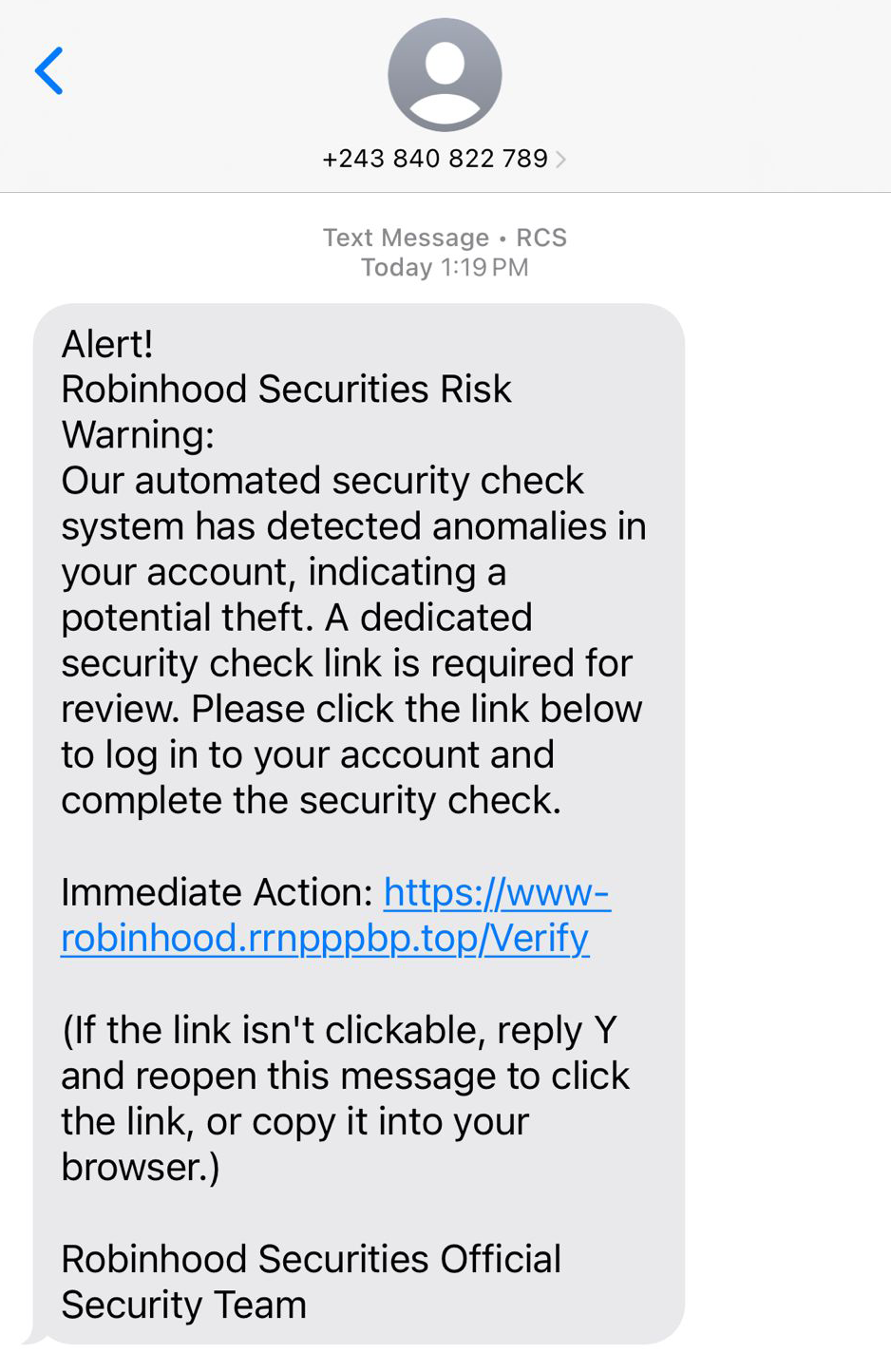 Robinhood 'Security Risk' Account Anomoly Detection Scam