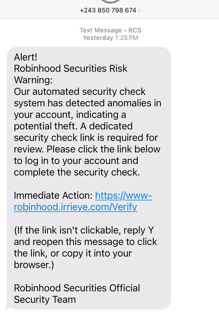 Robinhood Security Risk Warning Automated Security Check Anomoly Text Scam